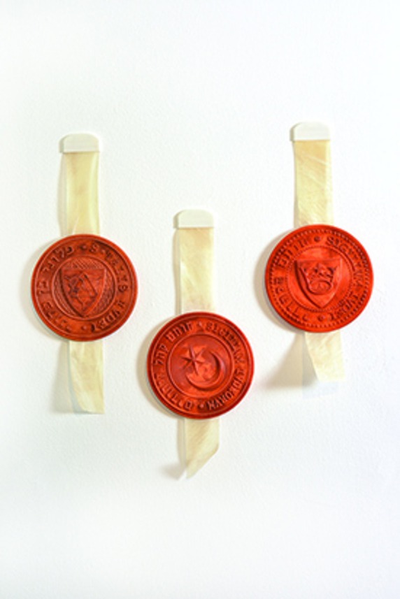 Jewish Seals Refael Lidor Yashar (Refa.design) Wood-PLA, parchment. Computer-Aided Design, 3D Printing (FDM), paint 20x20x1.5cm (each)